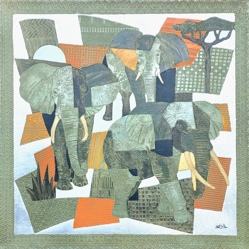 80x80cm ELEPHANTS. Bronze et orange